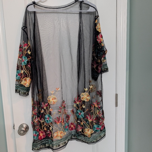 Sheer Floral Embroidery Kimono, One Size Fits Most, Duster, Whimsical, Fairy - Picture 4 of 4